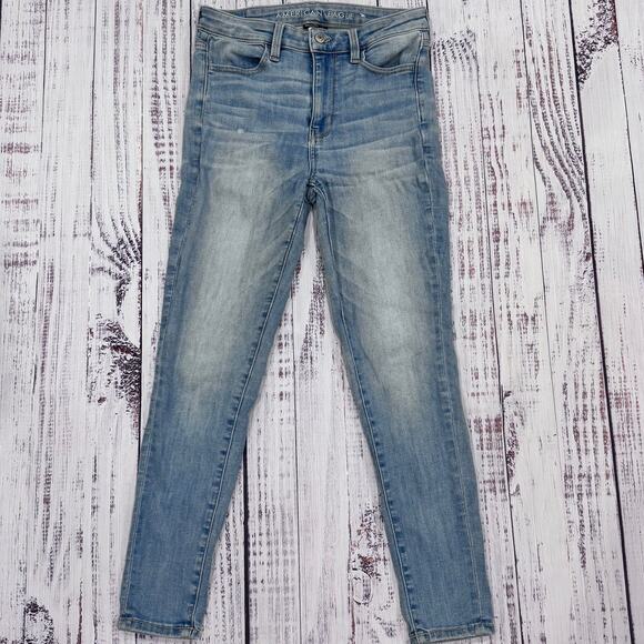 American Eagle Outfitters Denim - American Eagle Super Hi-Rise Jegging 4 Short Blue Stretch Distressed Denim